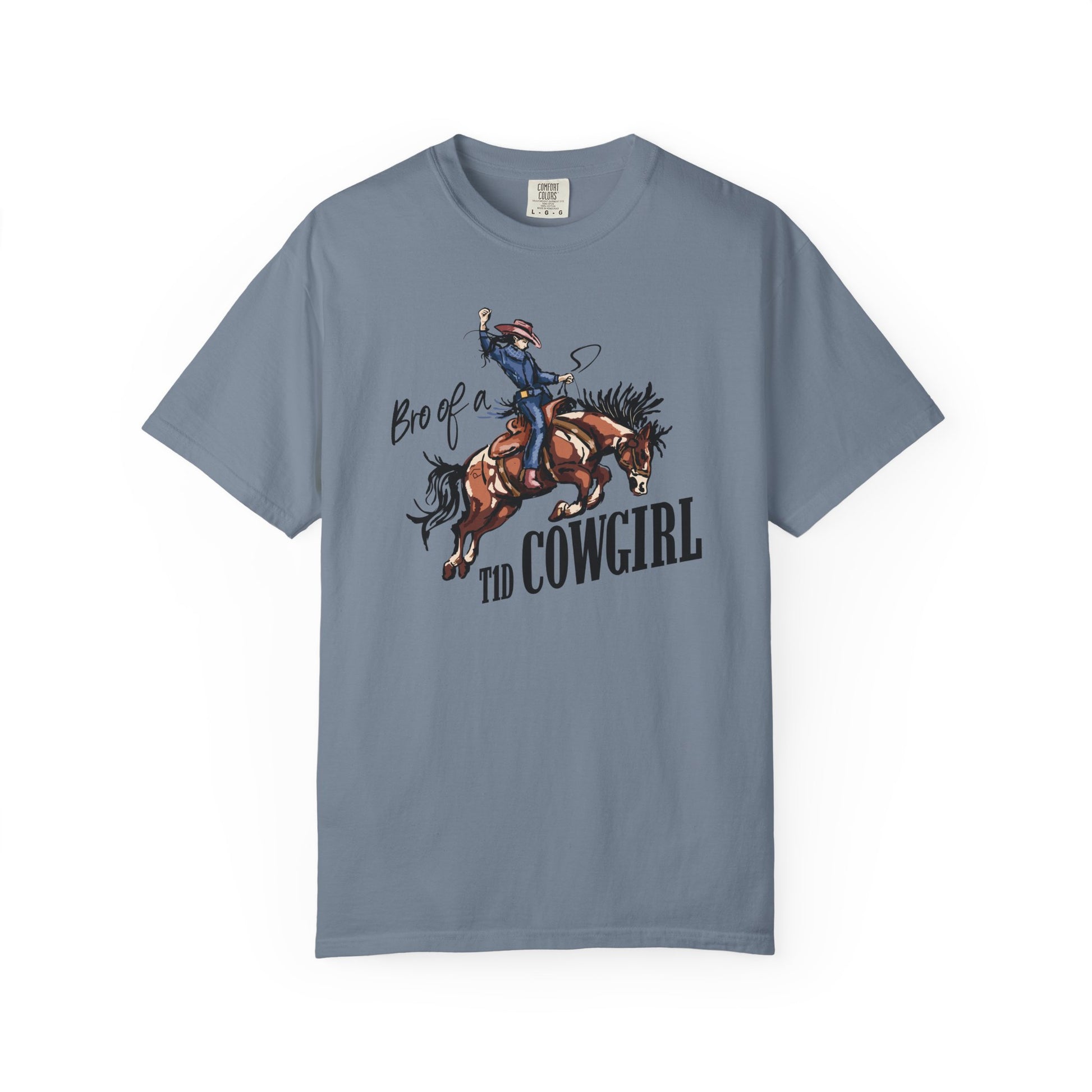 Bro of a T1D Cowgirl T-Shirt featuring a cowgirl on a horse, promoting diabetes awareness and support.