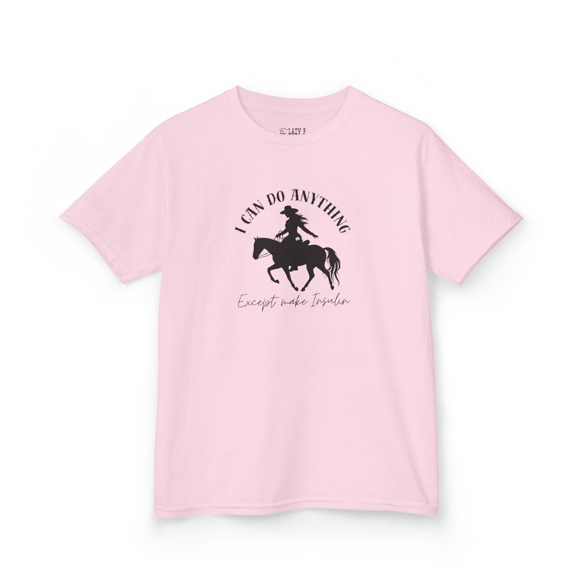 I Can Do Anything Girls Diabetes Shirt featuring a brave cowgirl on horseback in pink, ideal for kids with diabetes.