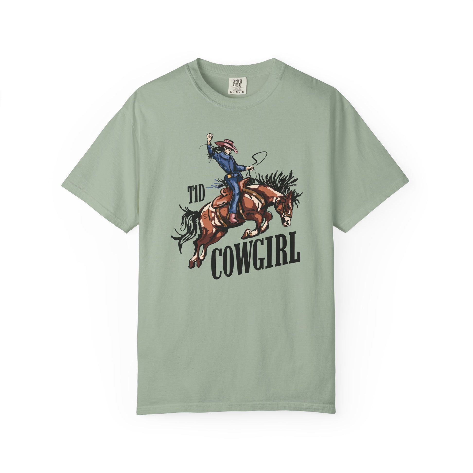 T1D Cowgirl Diabetes T-Shirt featuring a cowgirl on horseback, promoting diabetes awareness and support squad pride.