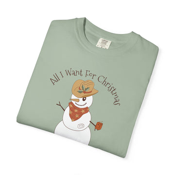 All I Want for Christmas CGM Diabetes TShirt featuring a snowman in a cowboy hat and juice box, perfect for festive humor.