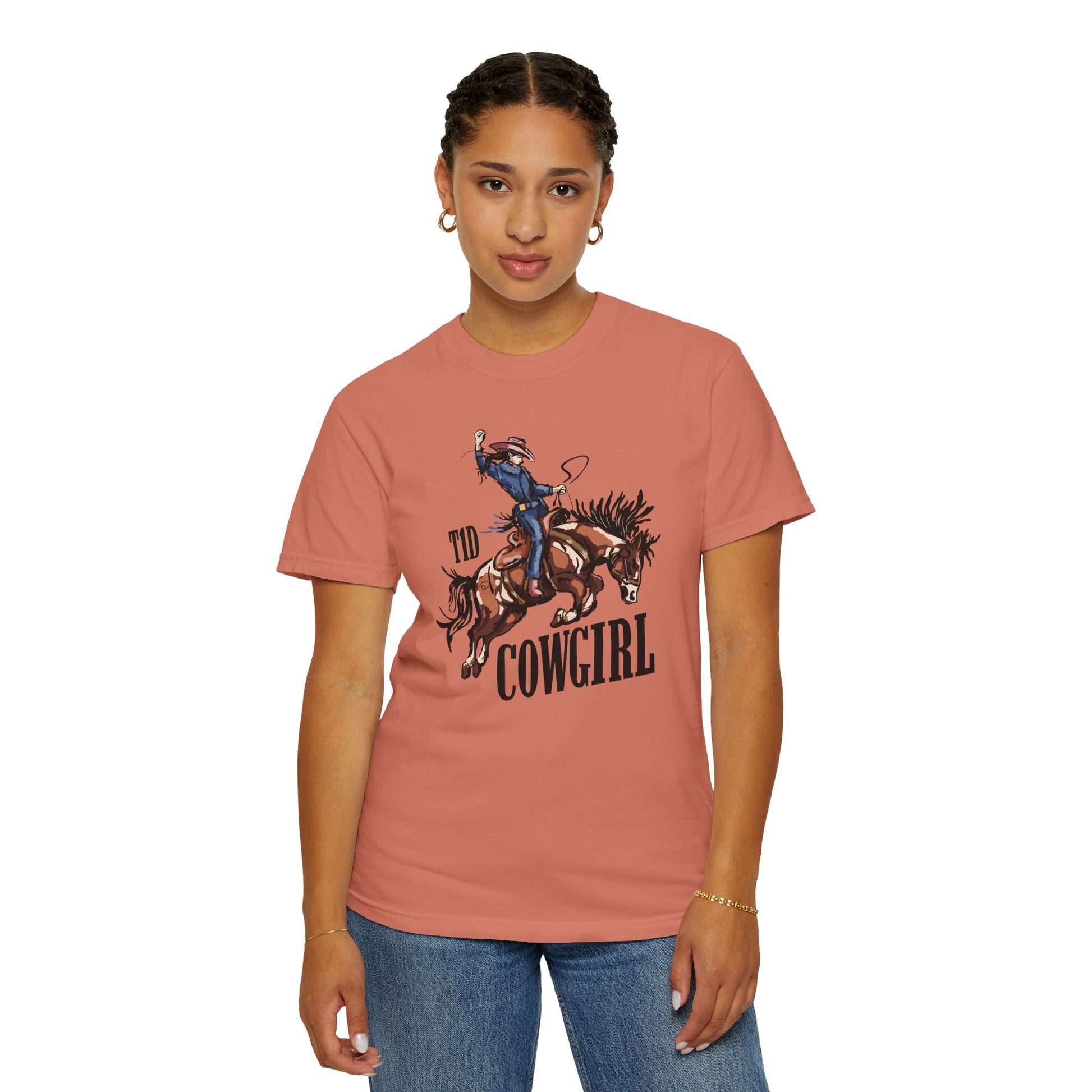 Model wearing T1D Cowgirl Diabetes T-Shirt showcasing diabetes awareness and support squad spirit.