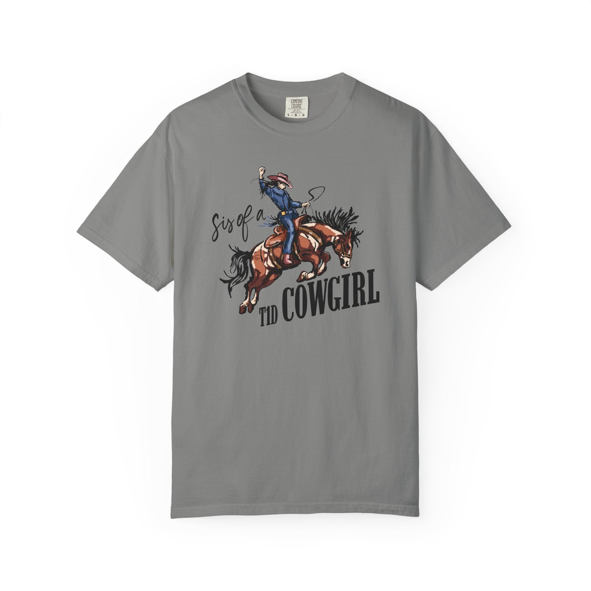 Sis of a T1D Cowgirl T-Shirt featuring a cowgirl on a horse, celebrating diabetes awareness and support.