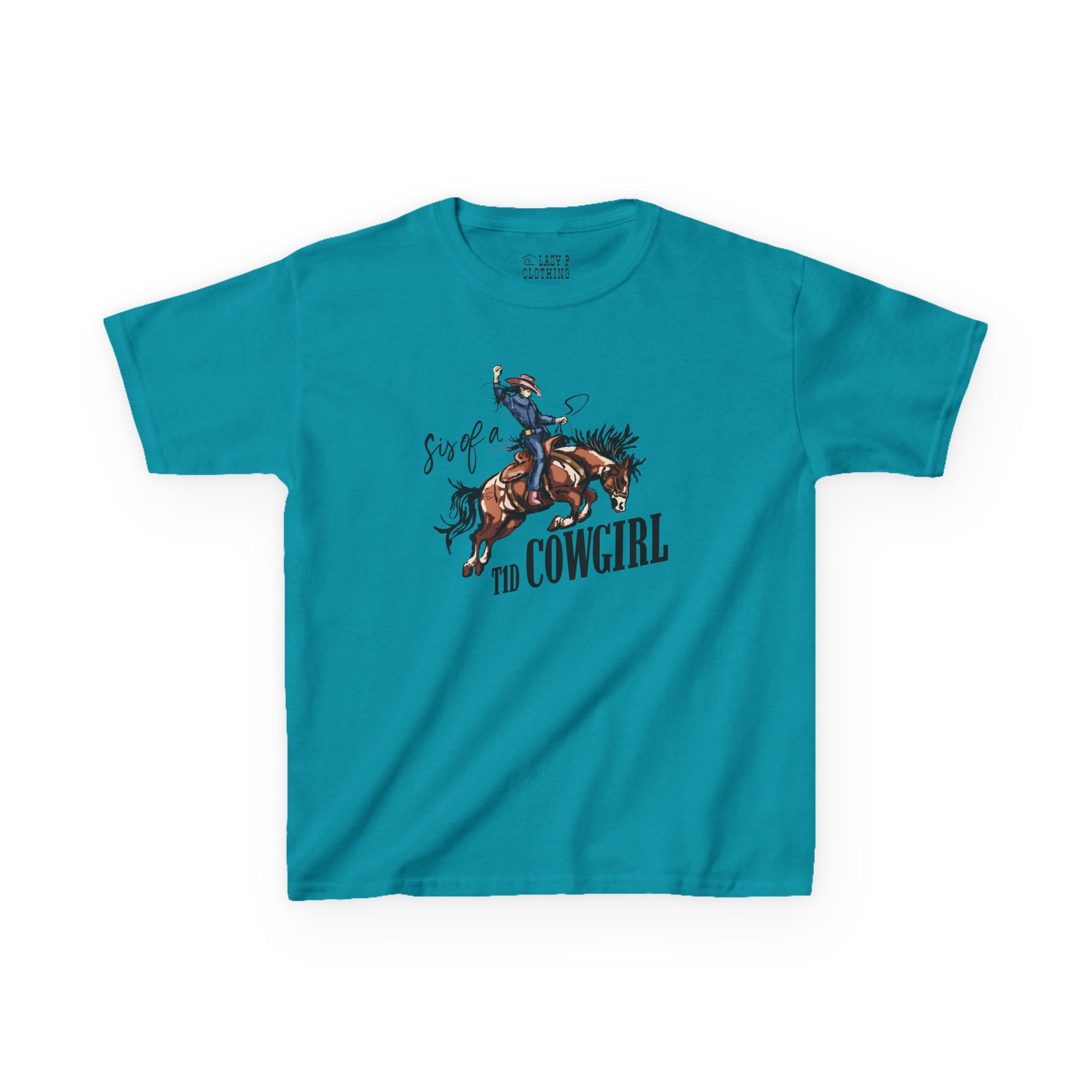 Sis of a T1D Cowgirl Diabetes Tee featuring a cowgirl on a horse with an insulin pump design.
