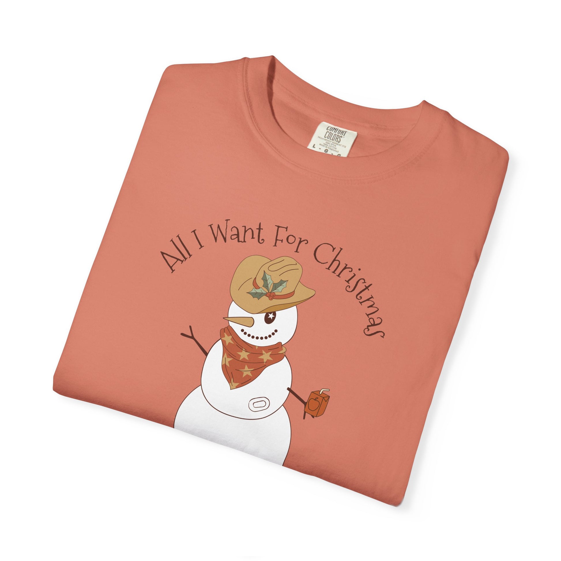All I Want for Christmas CGM Diabetes TShirt featuring a snowman in a cowboy hat and the phrase 'All I Want For Christmas'.