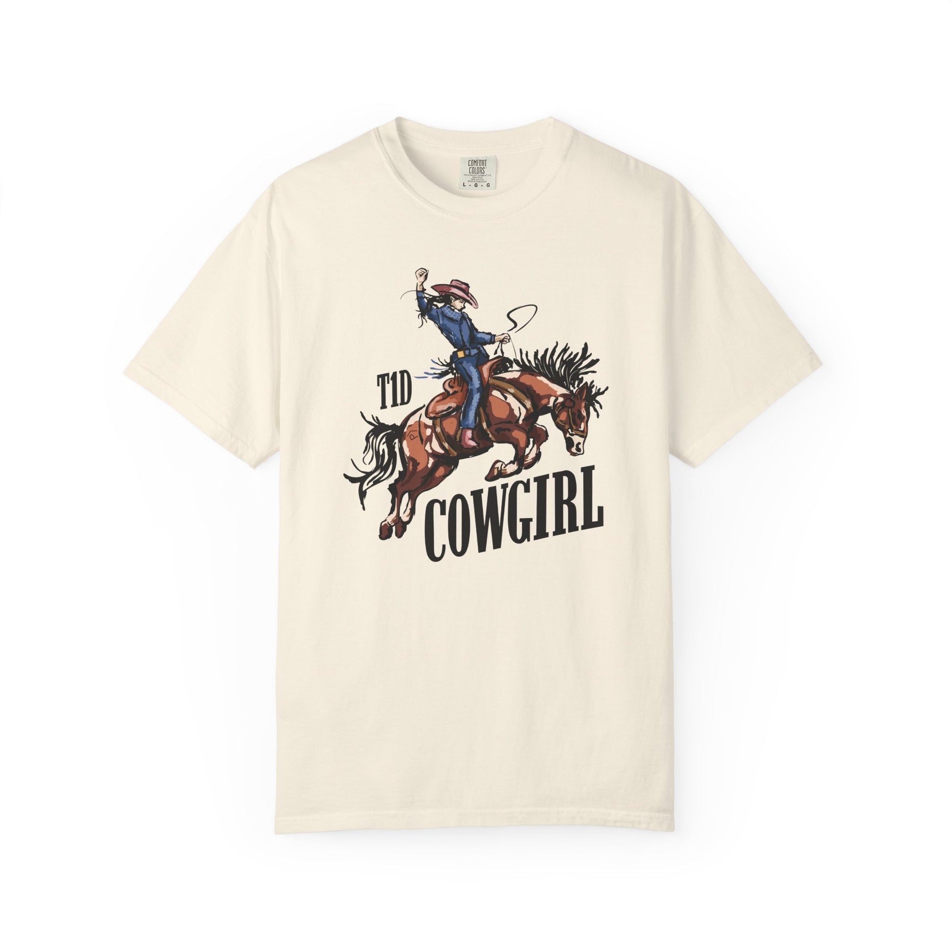 T1D Cowgirl Diabetes T-Shirt featuring a rider on a horse, promoting diabetes awareness and support squad.