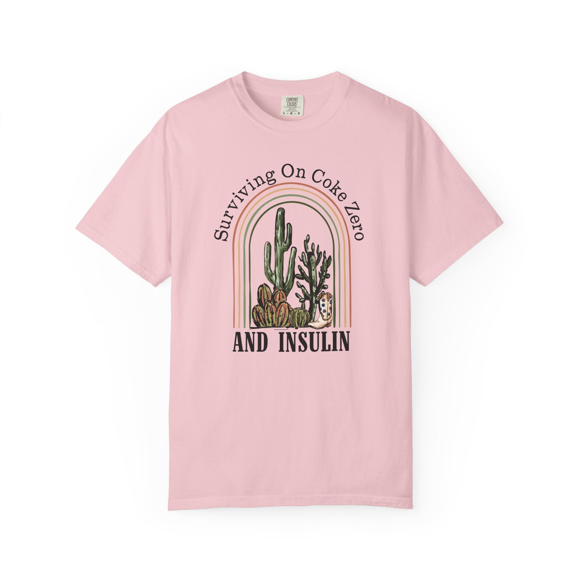 Surviving on Coke Zero Diabetes TShirt featuring a vintage cactus design on a pink tee.