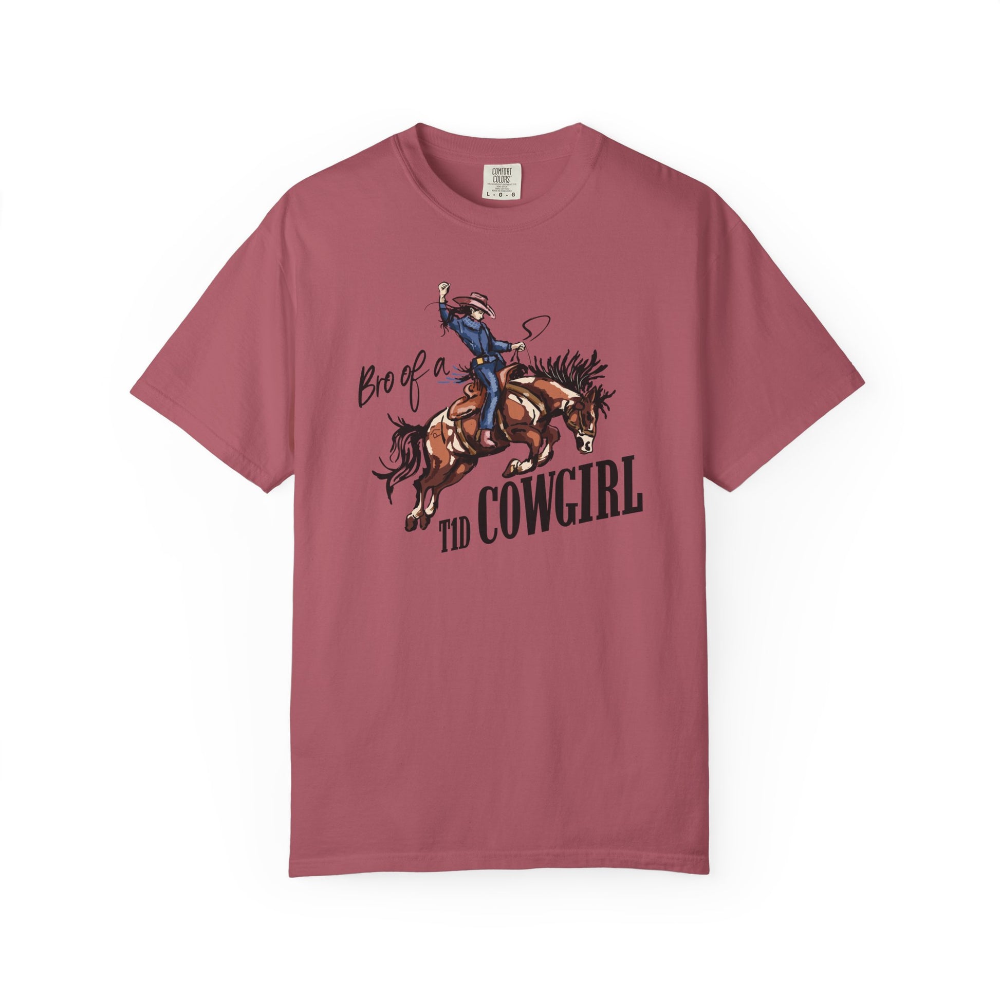 Bro of a T1D Cowgirl T-Shirt featuring a cowgirl riding a horse, celebrating diabetes awareness and support.