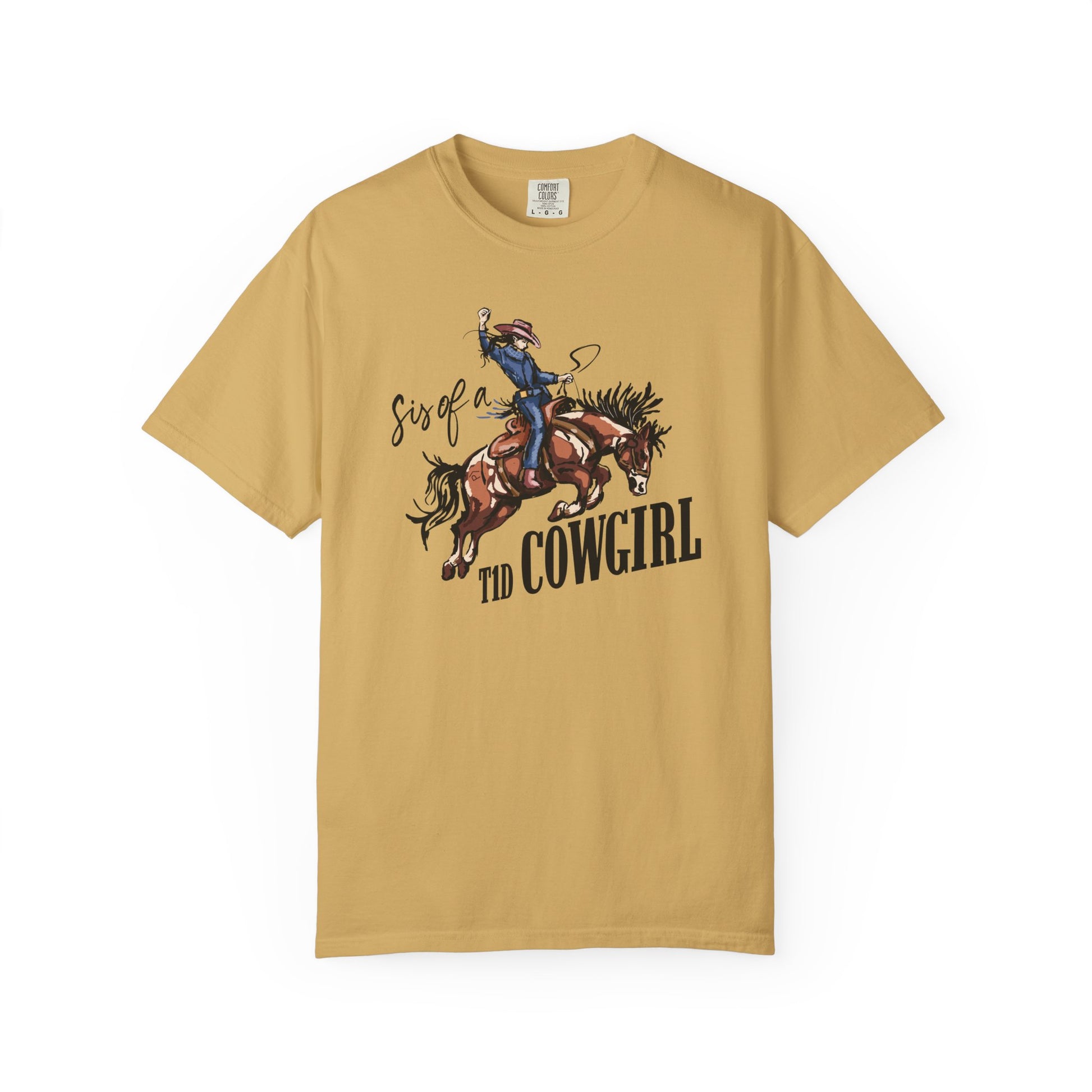 Sis of a T1D Cowgirl T-Shirt showcasing a cowgirl with diabetes riding a horse, promoting diabetes awareness.