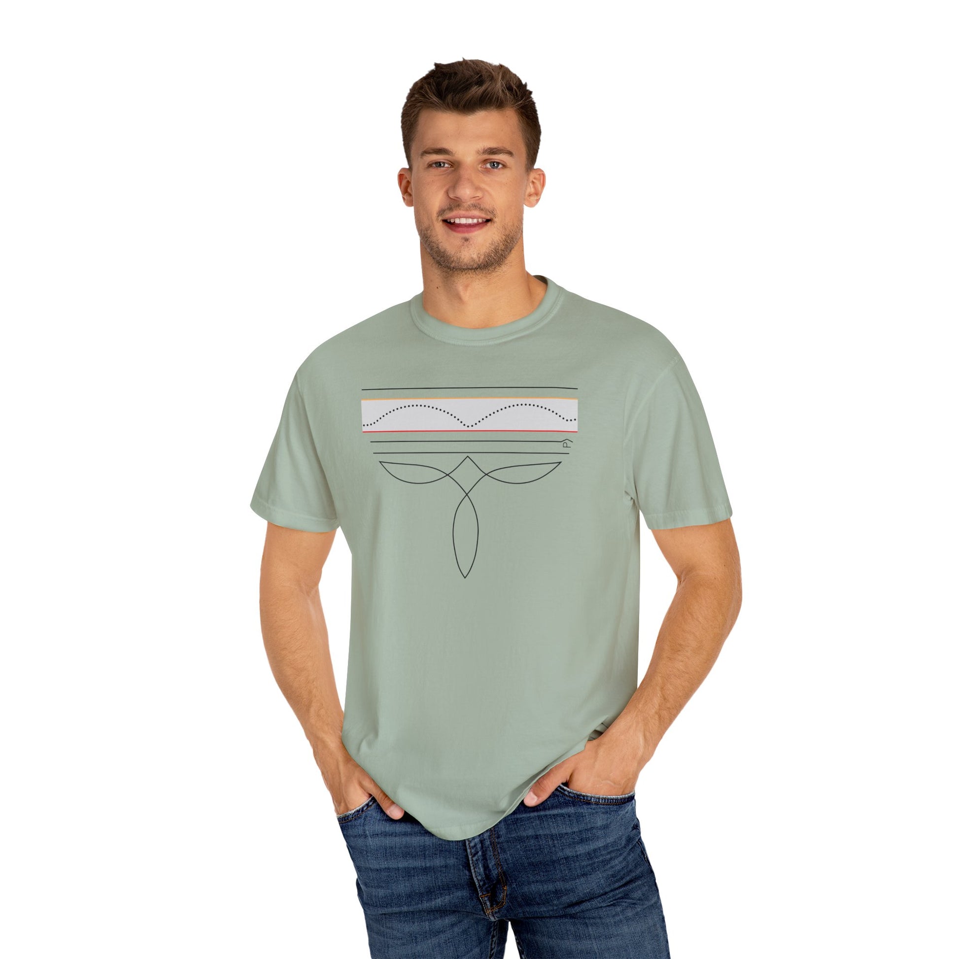 CGM Cowboy Boot Stitching Tee worn by a young man, showcasing unique stitching and diabetes awareness design.