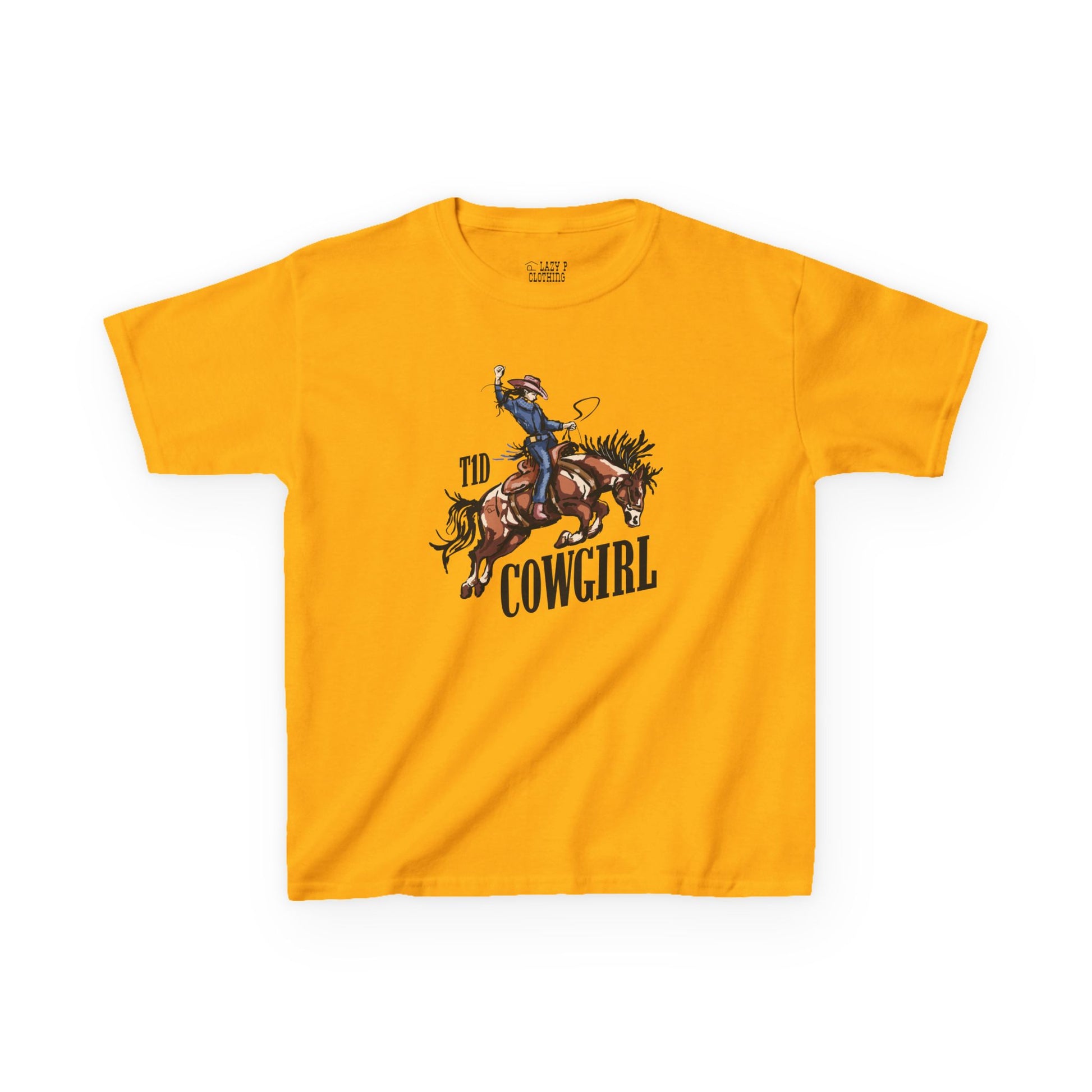 T1D Cowgirl Kids Diabetes Shirt featuring a cowgirl on horseback, promoting diabetes awareness and support.