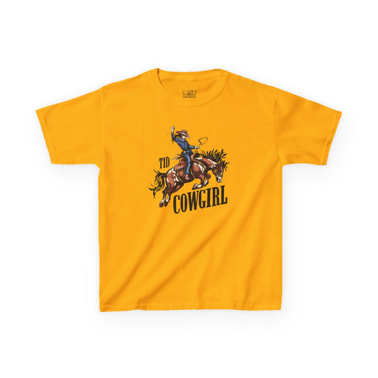 T1D Cowgirl Kids Diabetes Shirt featuring a cowgirl on horseback, promoting diabetes awareness and support.