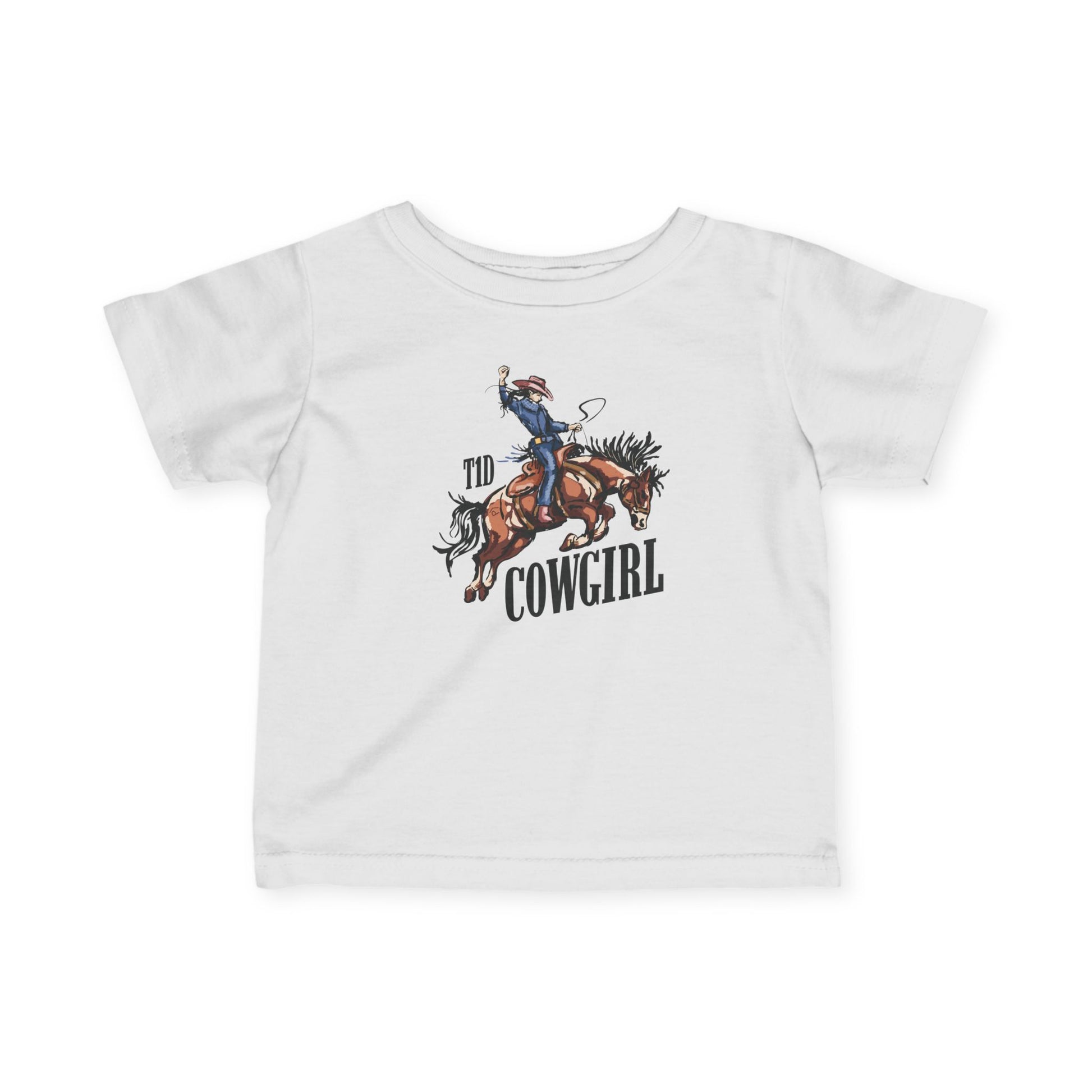 T1D Cowgirl Toddler Diabetes Tshirt featuring a cowgirl riding a horse in a playful design.