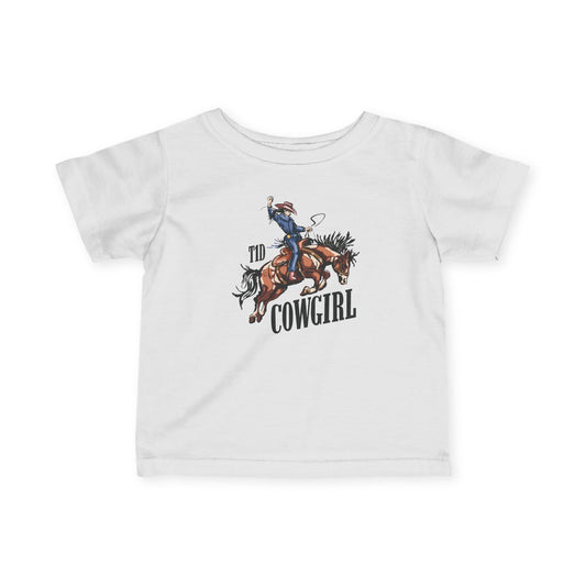 T1D Cowgirl Toddler Diabetes Tshirt featuring a cowgirl riding a horse in a playful design.