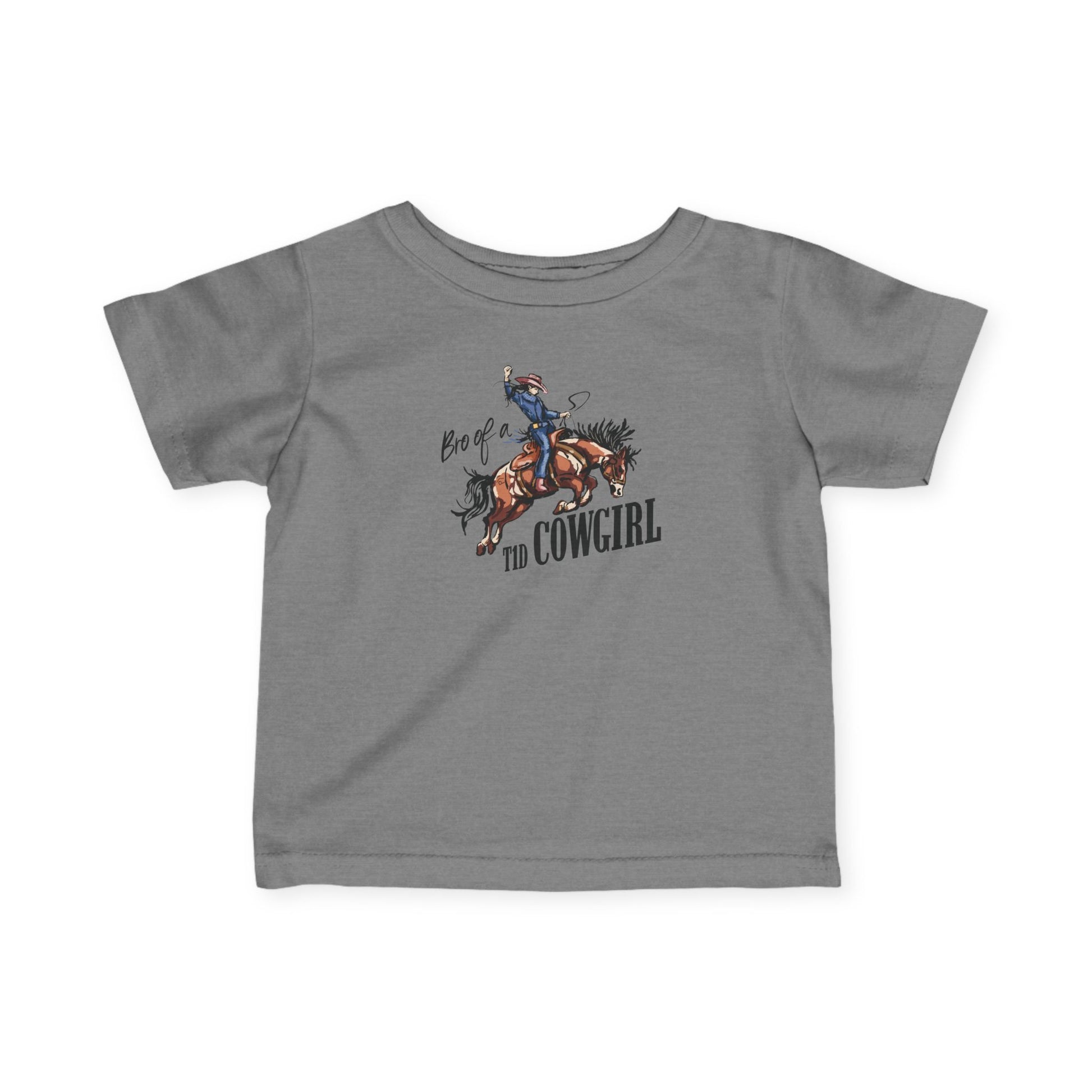Bro of a T1D Cowgirl Toddler Diabetes TShirt with western design for active kids.
