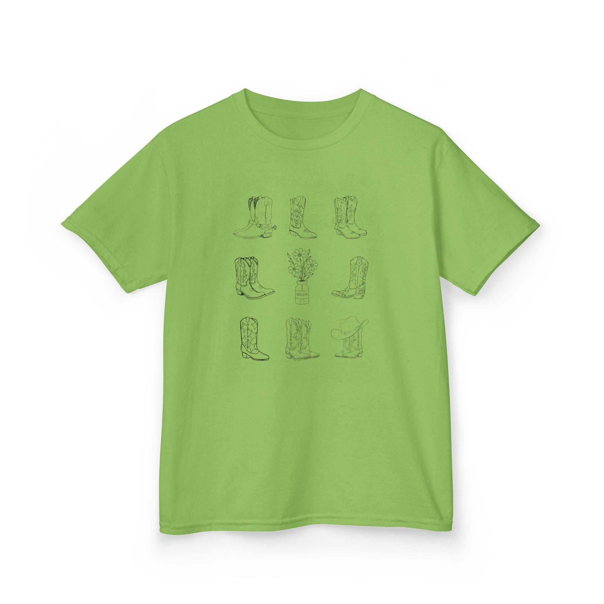 Boots and Insulin Kids Diabetes Tshirt with cowboy boot and insulin vial designs on a green background.