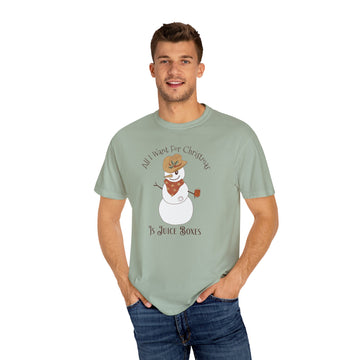All I Want for Christmas CGM Adult Tee featuring a snowman in a cowboy hat with the phrase 'Is Juice Boxes'.