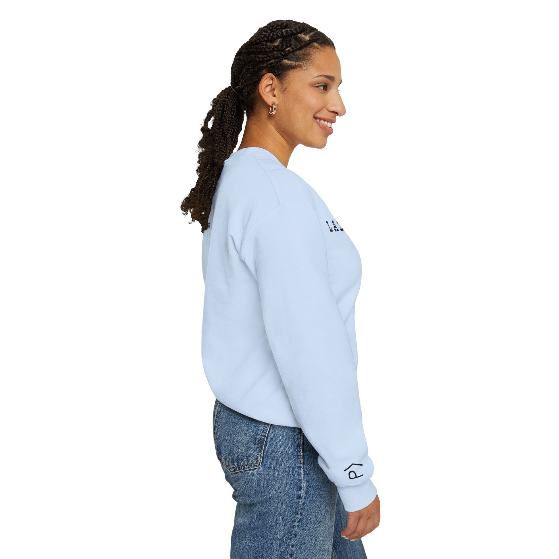 Lazy Pancreas Club Diabetes Sweatshirt in light blue worn by a woman, showcasing comfort and stylish design.