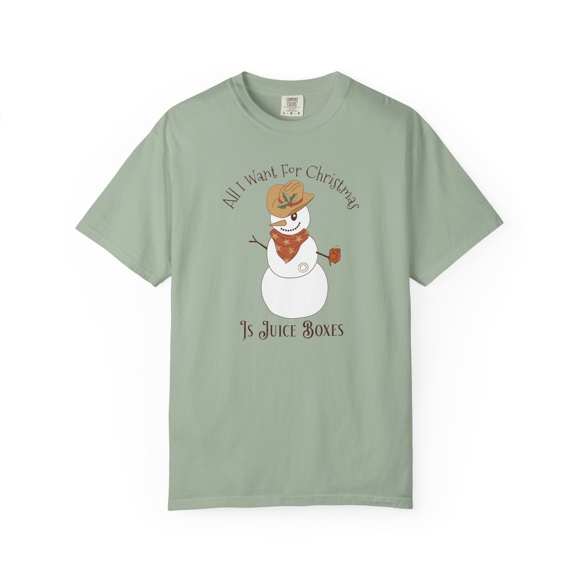 All I Want for Christmas CGM Adult Tee featuring a snowman with juice boxes for humorous Christmas diabetes attire.