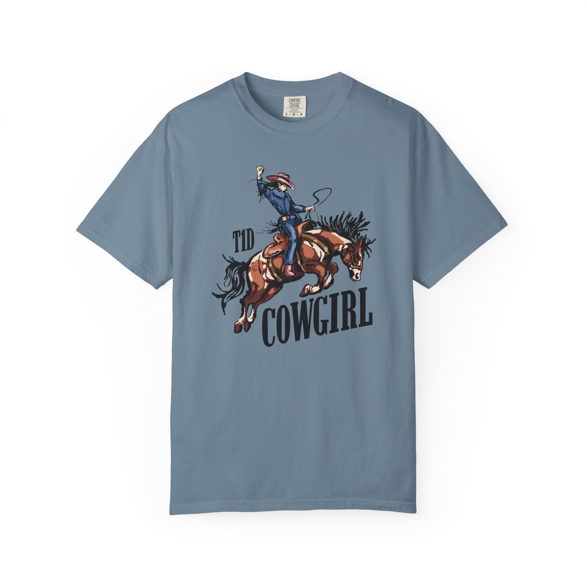 T1D Cowgirl Diabetes T-Shirt featuring a cowgirl riding a horse, promoting diabetes awareness and support squad.