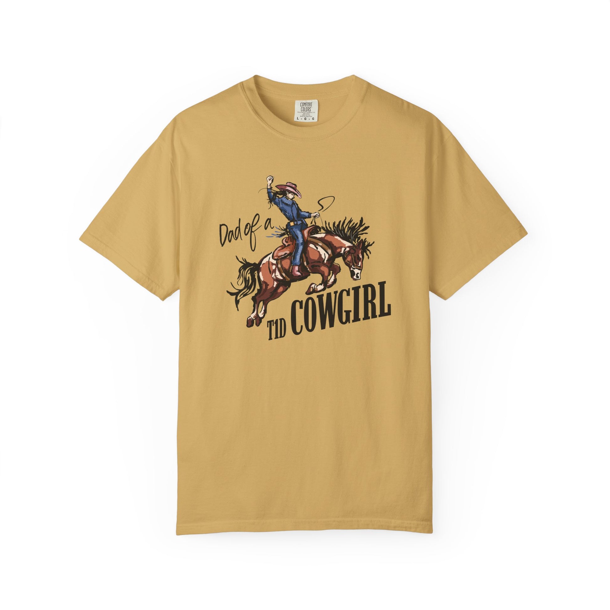Dad of a T1D Cowgirl T-Shirt featuring a cowgirl on a horse with insulin pump design, showcasing diabetes support.