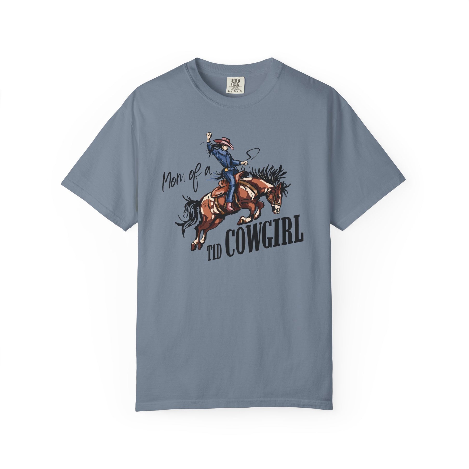 Mom of a T1D Cowgirl T-Shirt featuring a cowgirl and insulin pump design, promoting diabetes awareness.