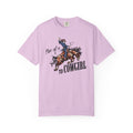 Mom of a T1D Cowgirl T-Shirt featuring a cowgirl riding a horse, perfect for diabetes awareness and support.