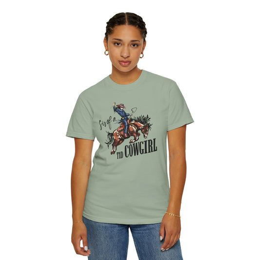 Sis of a T1D Cowgirl T-Shirt worn by a woman, featuring a cowgirl graphic and promoting diabetes awareness.