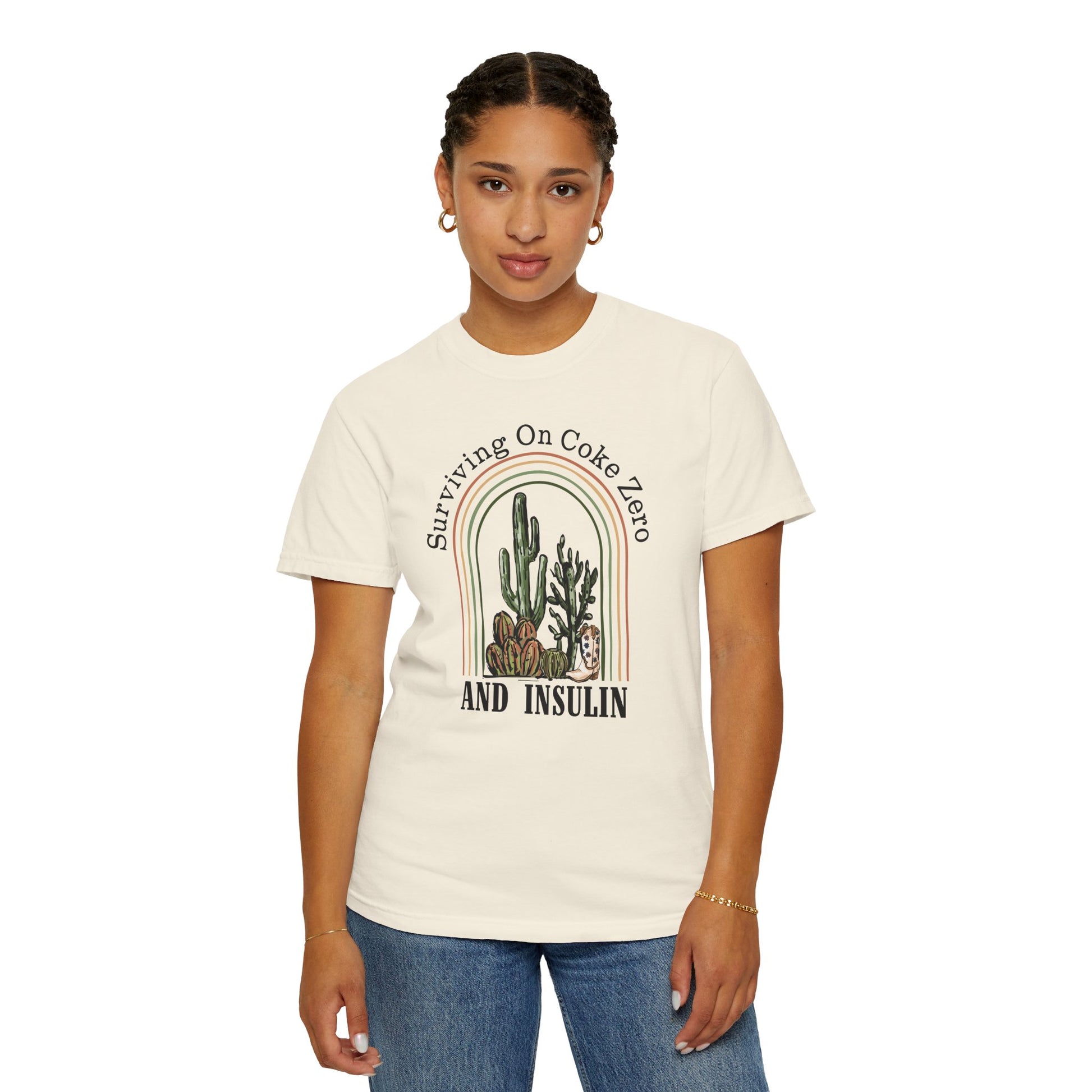 Surviving on Coke Zero Diabetes TShirt featuring cacti design and humorous text for diabetes awareness.