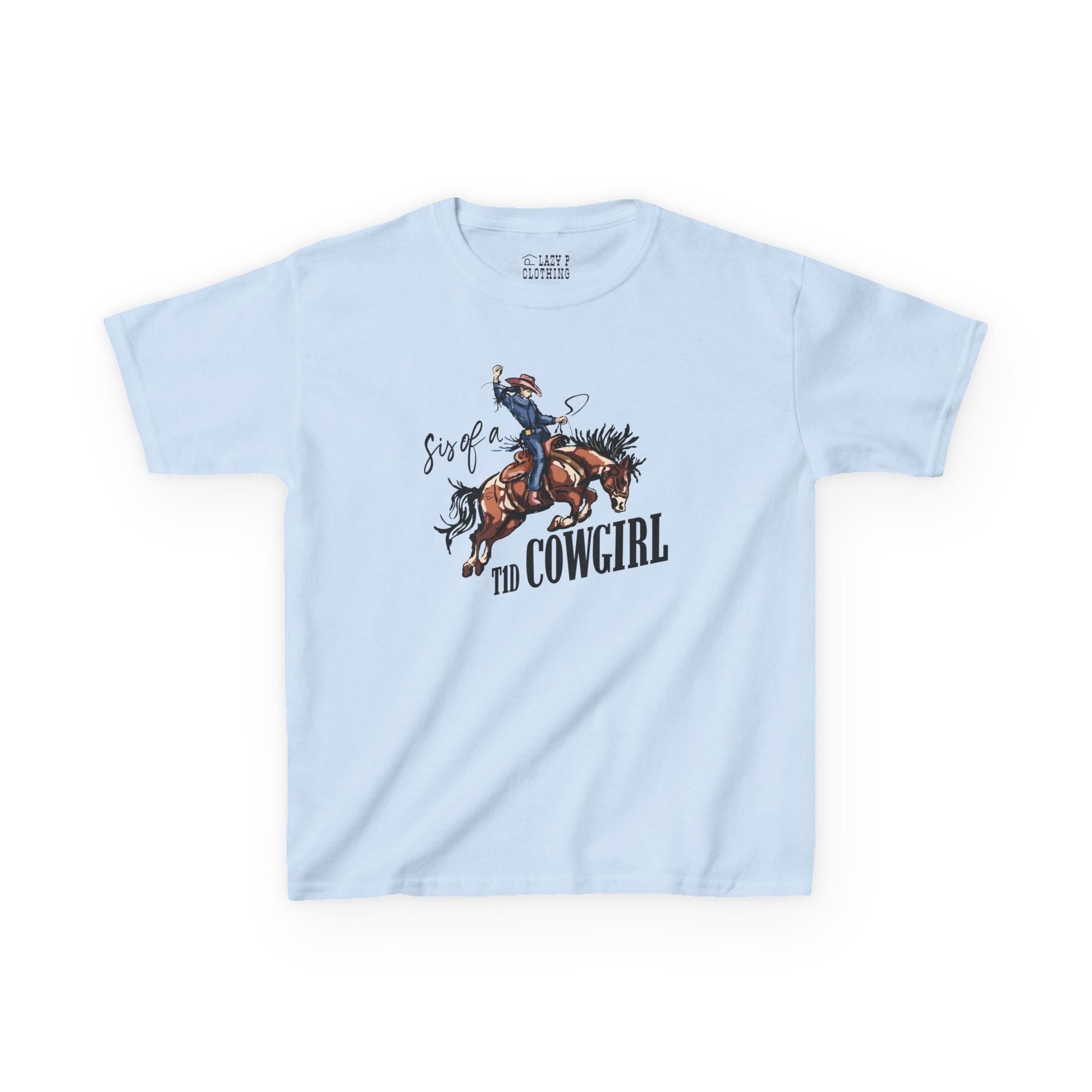 Sis of a T1D Cowgirl Diabetes Tee featuring a cowgirl with an insulin pump, ideal for diabetes support.