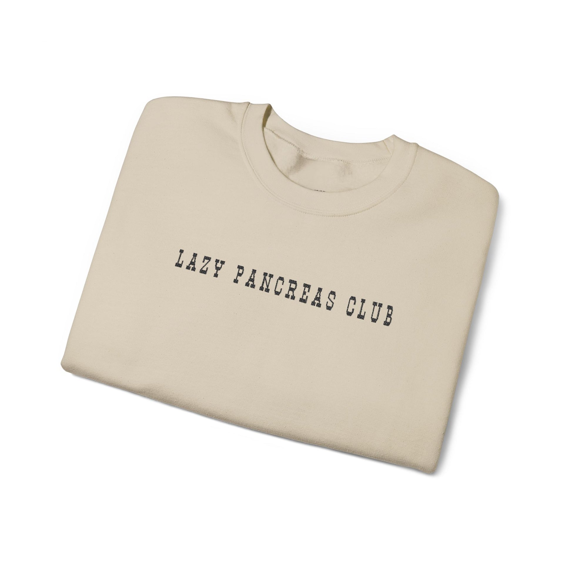 Lazy Pancreas Club Diabetes Sweatshirt folded, showcasing embroidered Lazy Pancreas Club design on soft fabric.