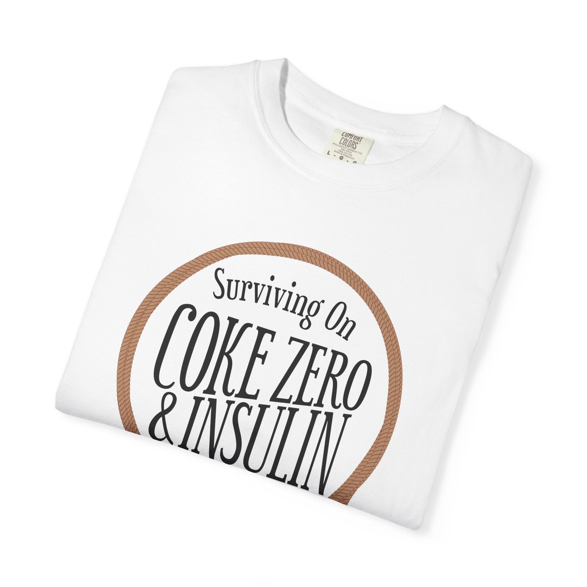 Surviving on Coke Zero Western Diabetes Tshirt showcasing a curled rope design and bold text on a white tee.
