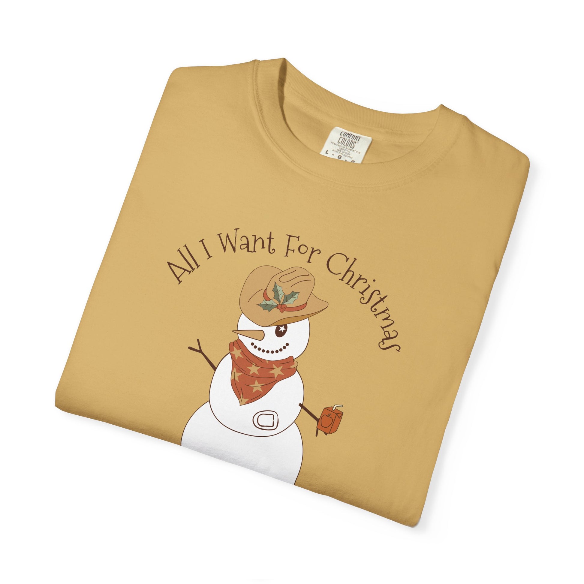 All I Want for Christmas Pump Diabetes TShirt featuring a snowman in a cowboy hat with a juice box.