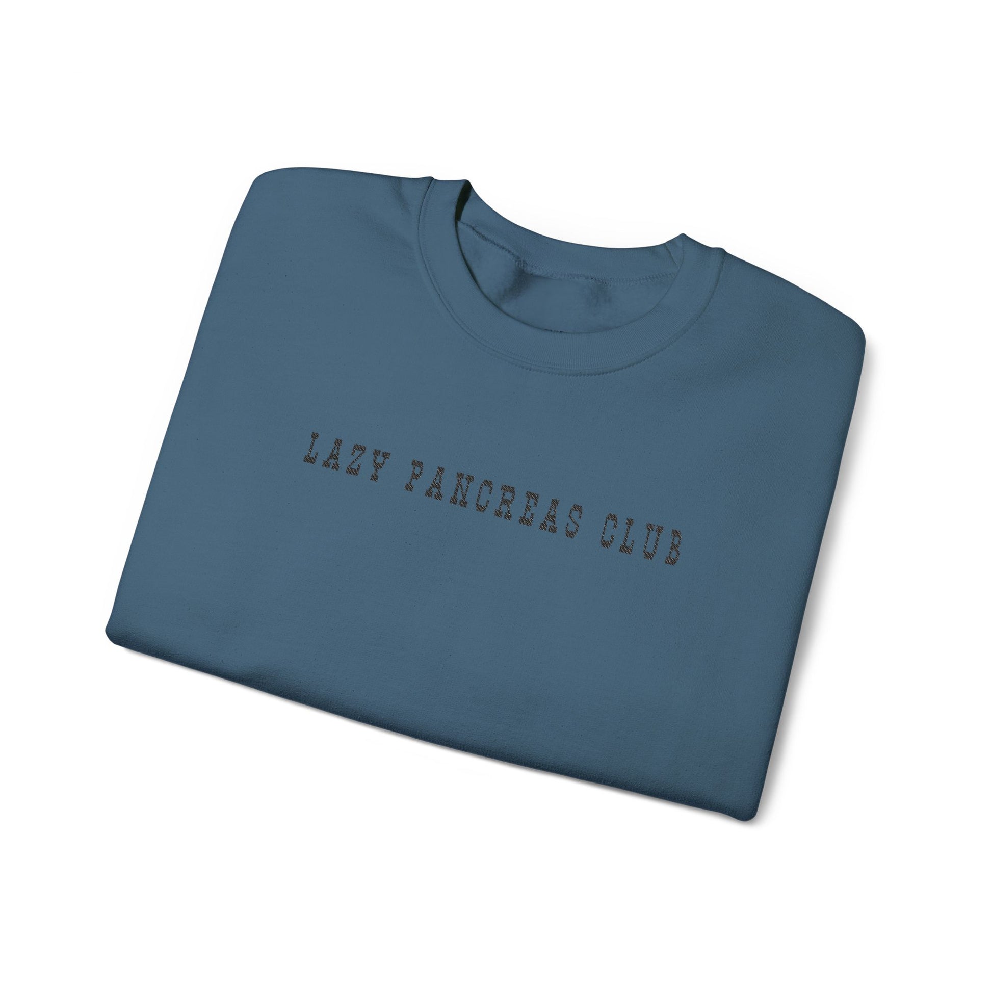 Lazy Pancreas Club Diabetes Sweatshirt in blue with embroidered text design, perfect for T1D warriors.