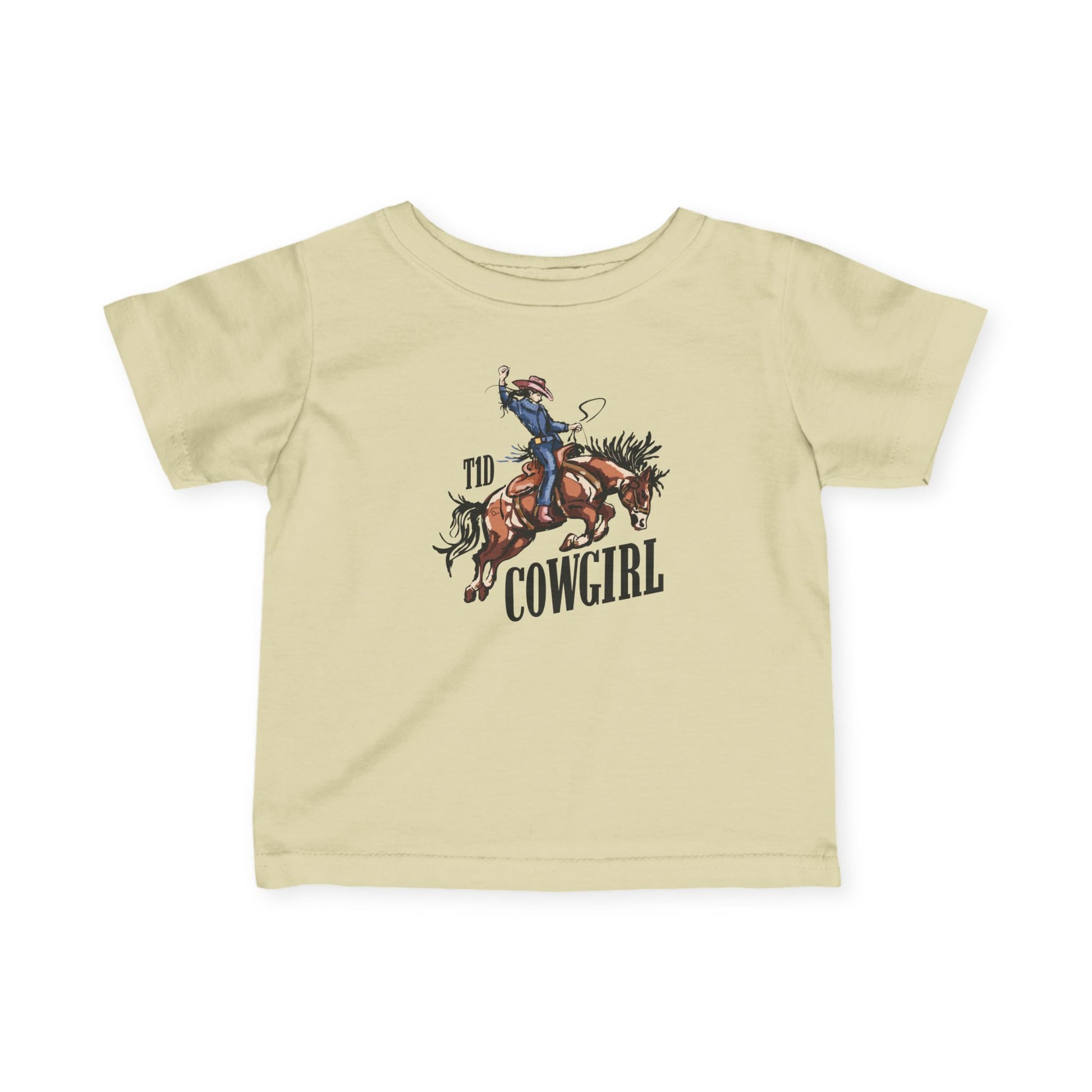 T1D Cowgirl Toddler Diabetes Tshirt featuring a cowgirl riding a horse in charming design.