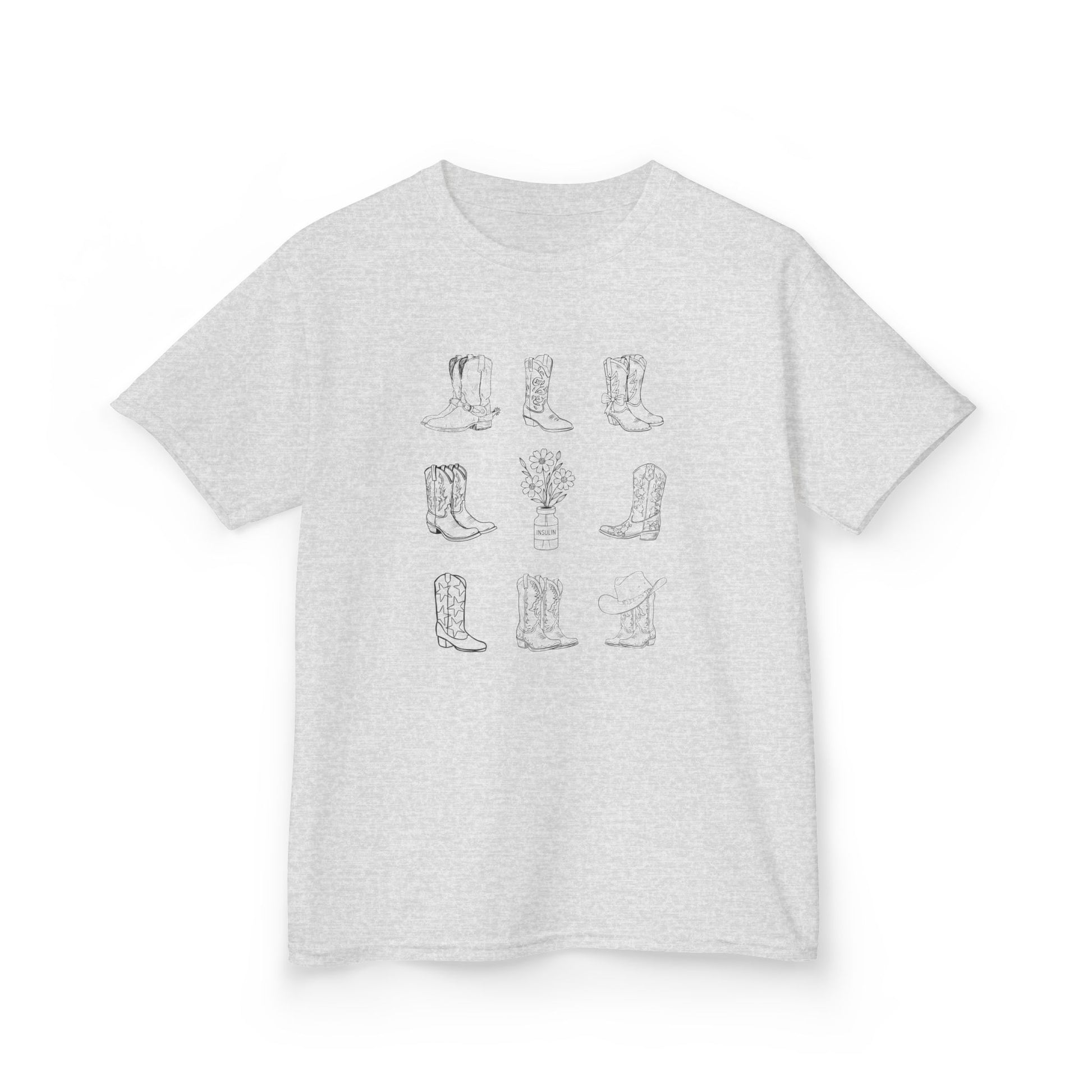 Boots and Insulin Kids Diabetes Tshirt featuring cowboy boots designs on a grey t-shirt.