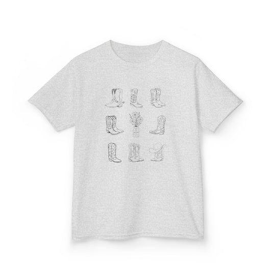 Boots and Insulin Kids Diabetes Tshirt featuring cowboy boots designs on a grey t-shirt.