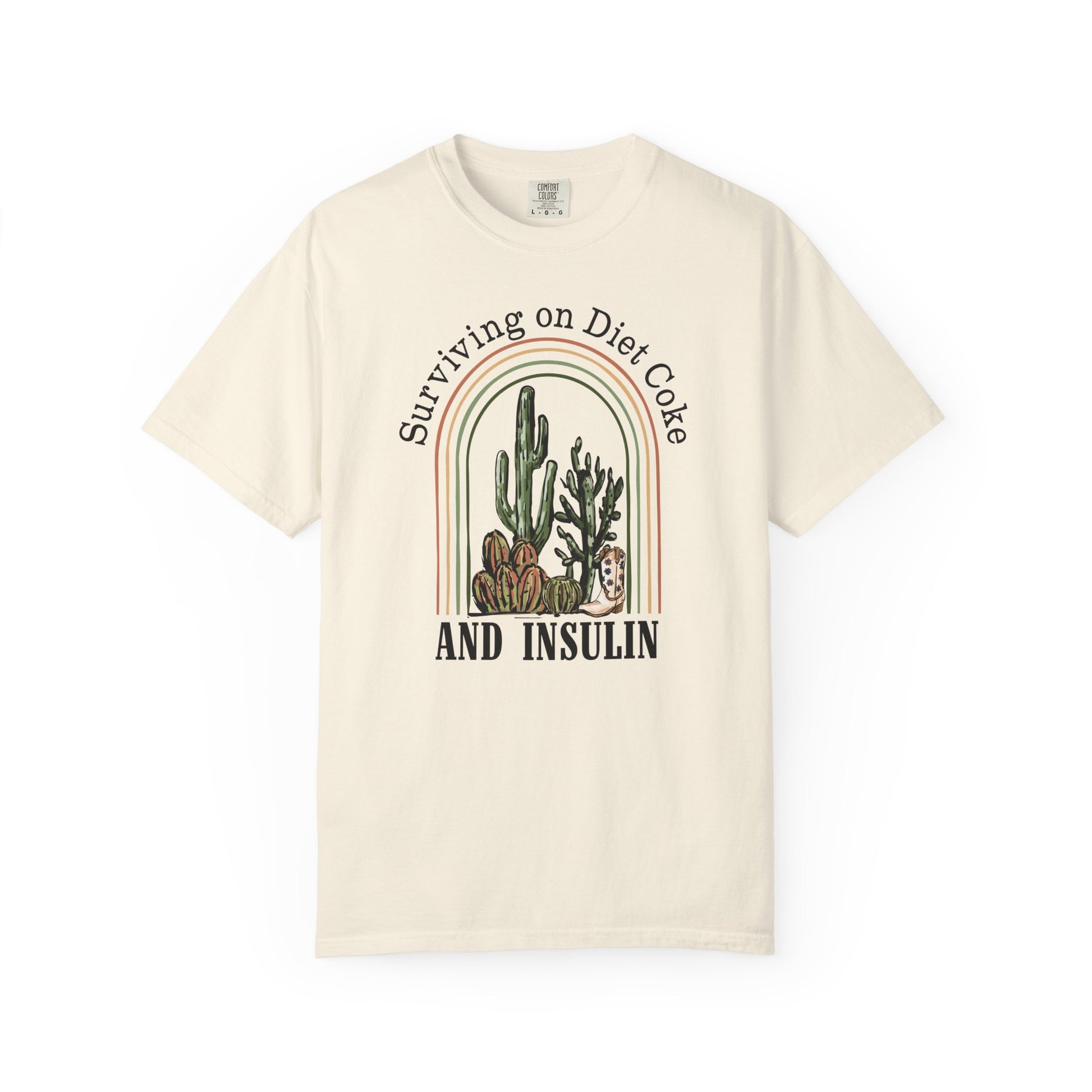 Surviving on Diet Coke Diabetes TShirt with vintage cactus design, soft cotton fabric for everyday comfort.