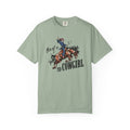 Bro of a T1D Cowgirl T-Shirt featuring a cowgirl with an insulin pump on a rodeo horse.