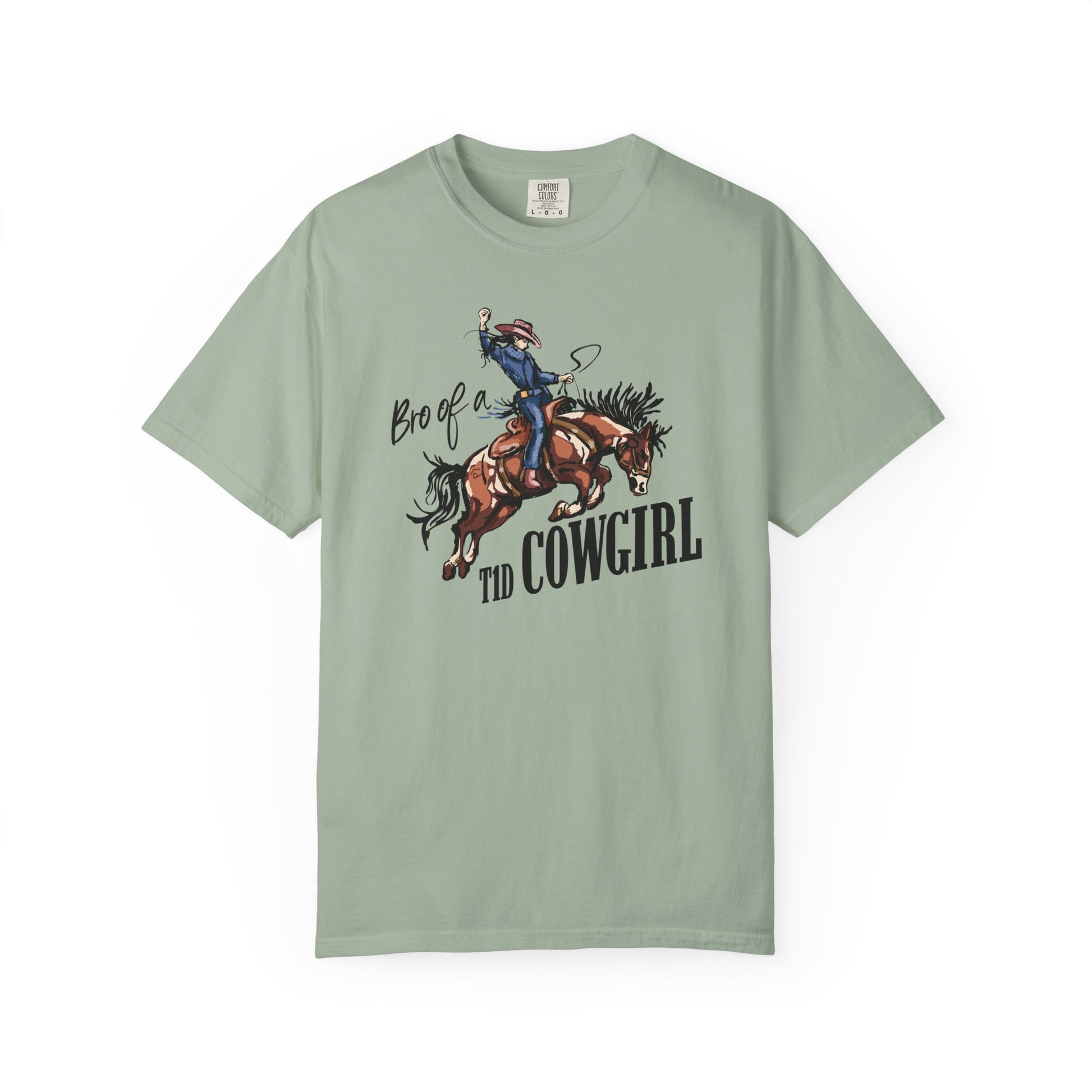 Bro of a T1D Cowgirl T-Shirt featuring a cowgirl with an insulin pump on a rodeo horse.