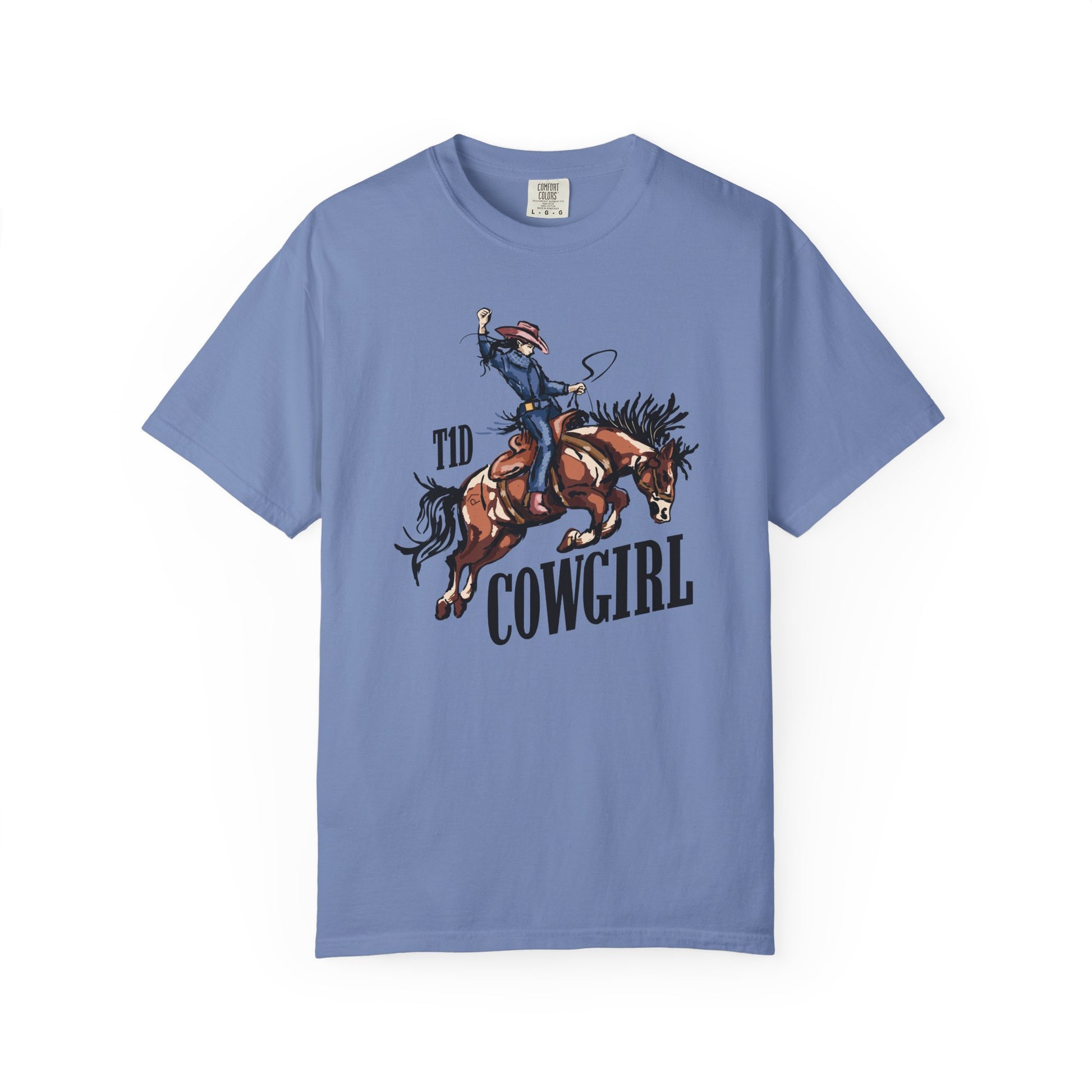 T1D Cowgirl Diabetes T-Shirt featuring a cowboy on a horse, promoting diabetes awareness and support squad.