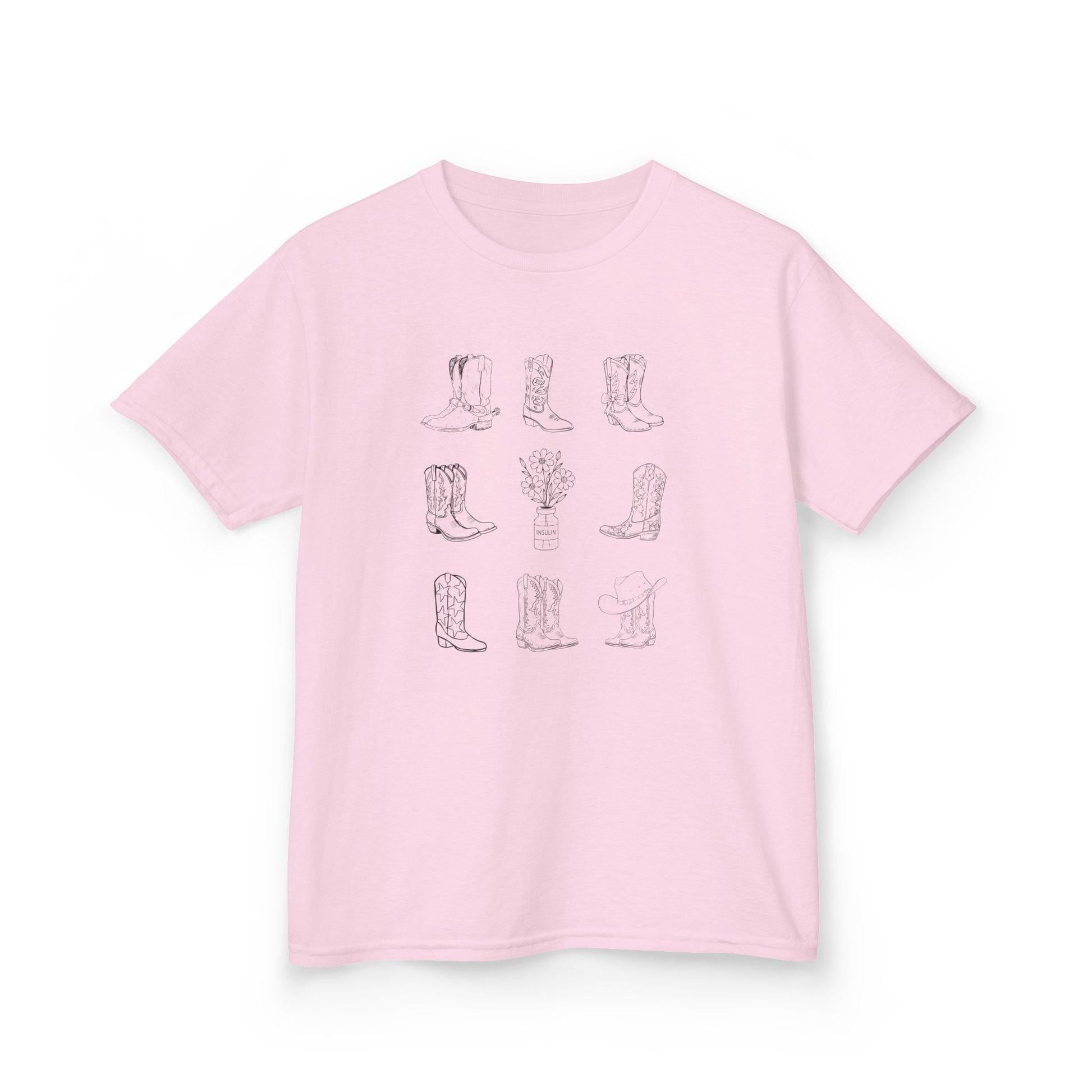 Boots and Insulin Kids Diabetes Tshirt featuring cowboy boots and insulin vial design on a pink tee.