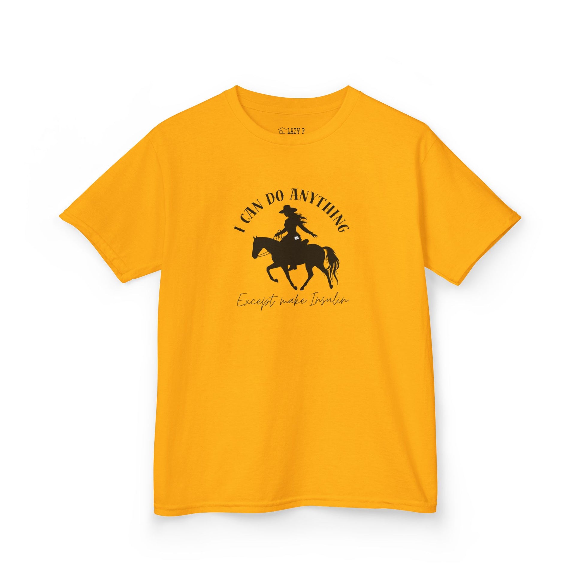I Can Do Anything Girls Diabetes Shirt in yellow with cowgirl graphic and insulin pump design.