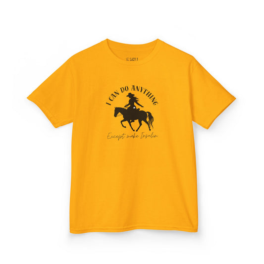 I Can Do Anything Girls Diabetes Shirt in yellow with cowgirl graphic and insulin pump design.