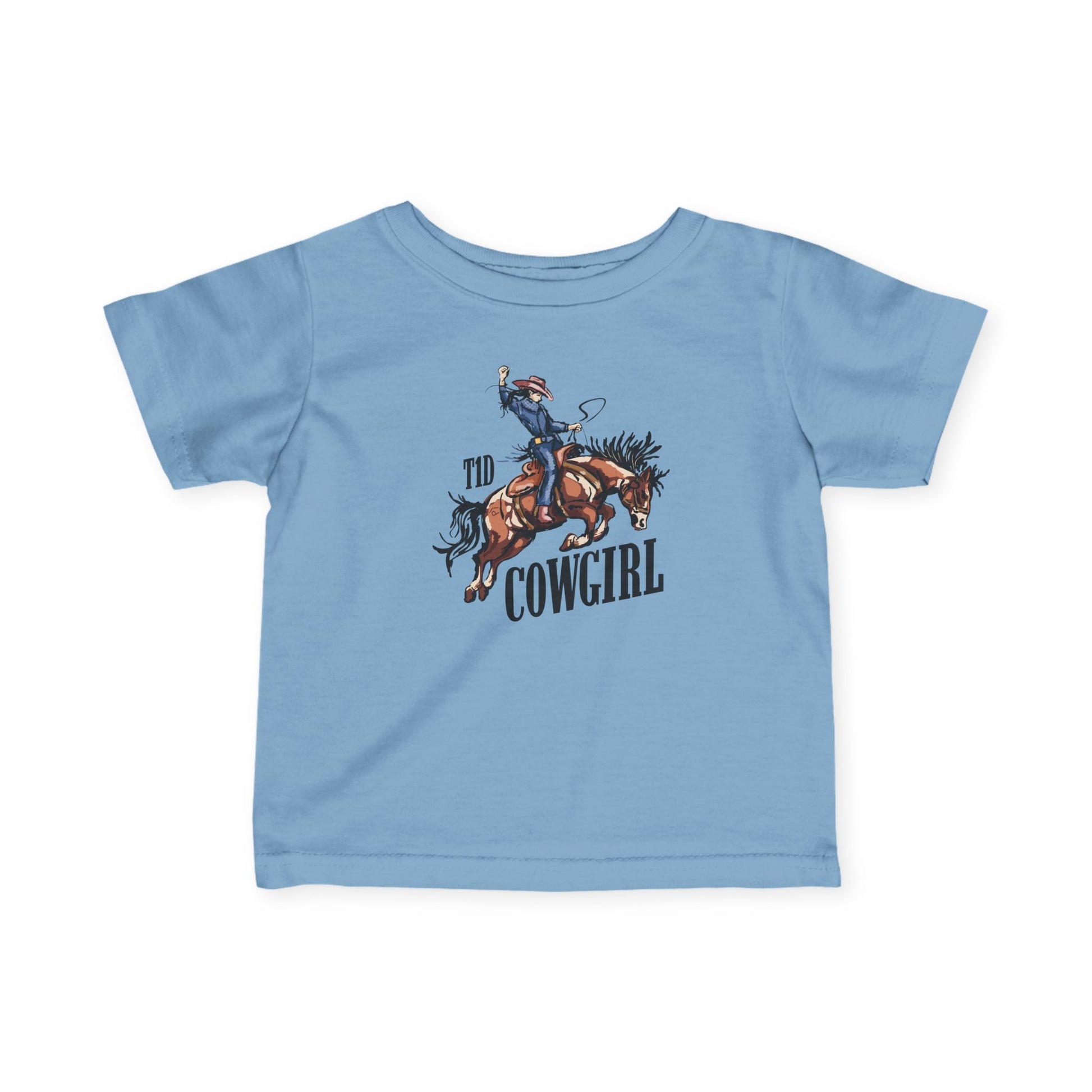 T1D Cowgirl Toddler Diabetes Tshirt featuring a cowgirl on horseback in blue.