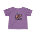 T1D Cowgirl Toddler Diabetes Tshirt featuring a cowgirl riding a horse in a playful design on a purple shirt.