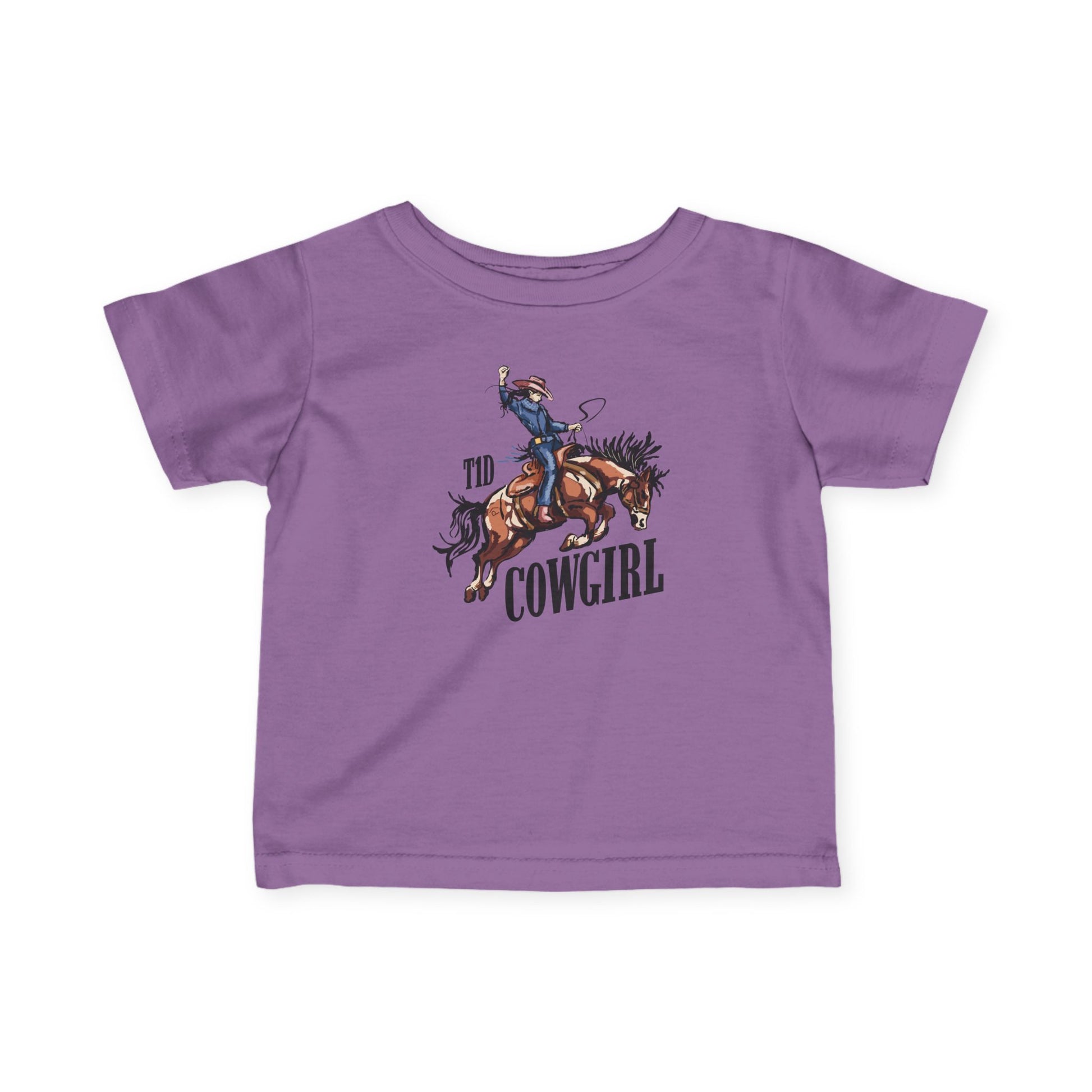 T1D Cowgirl Toddler Diabetes Tshirt featuring a cowgirl riding a horse in a playful design on a purple shirt.