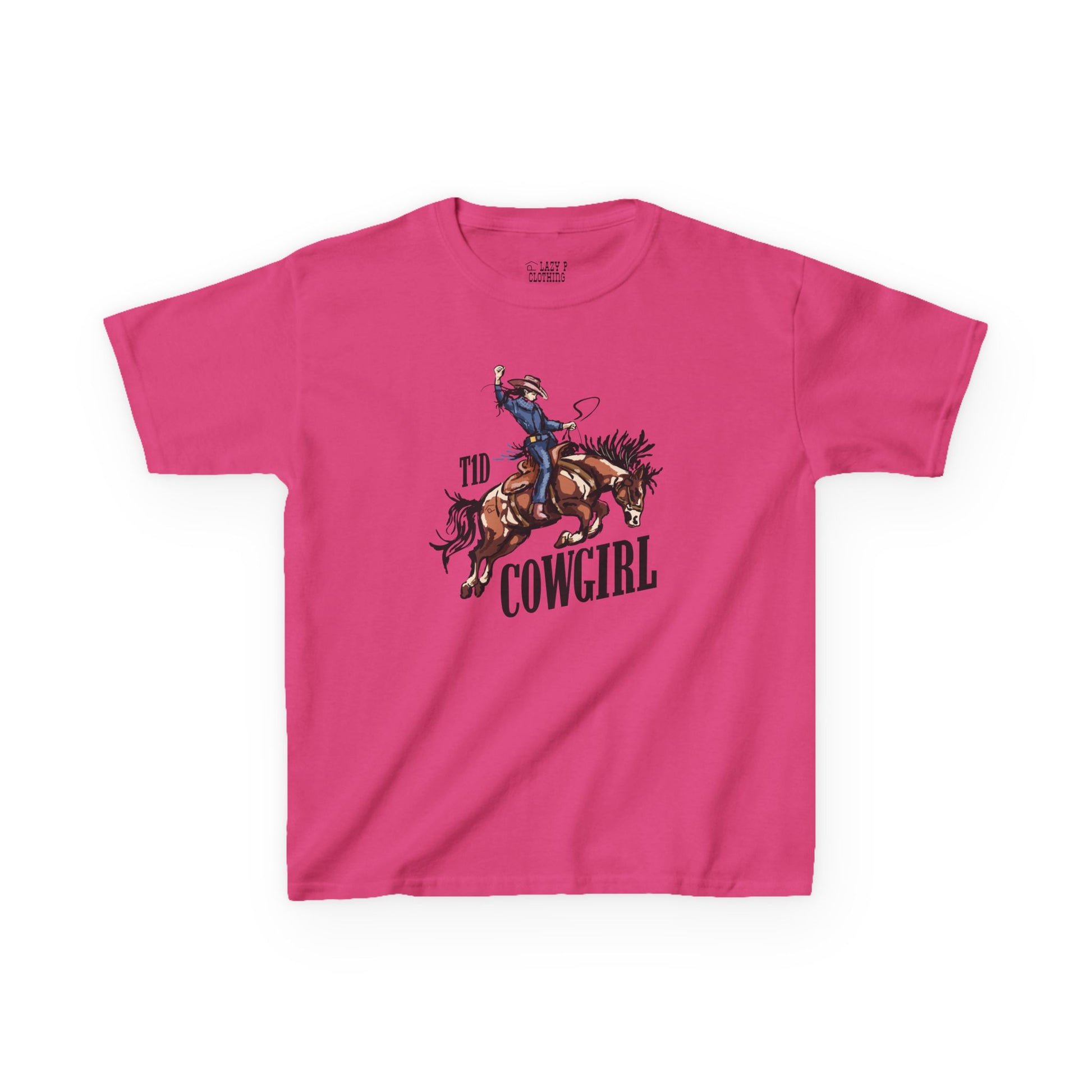 T1D Cowgirl Kids Diabetes Shirt in pink with cowgirl riding a horse design, promoting diabetes awareness.