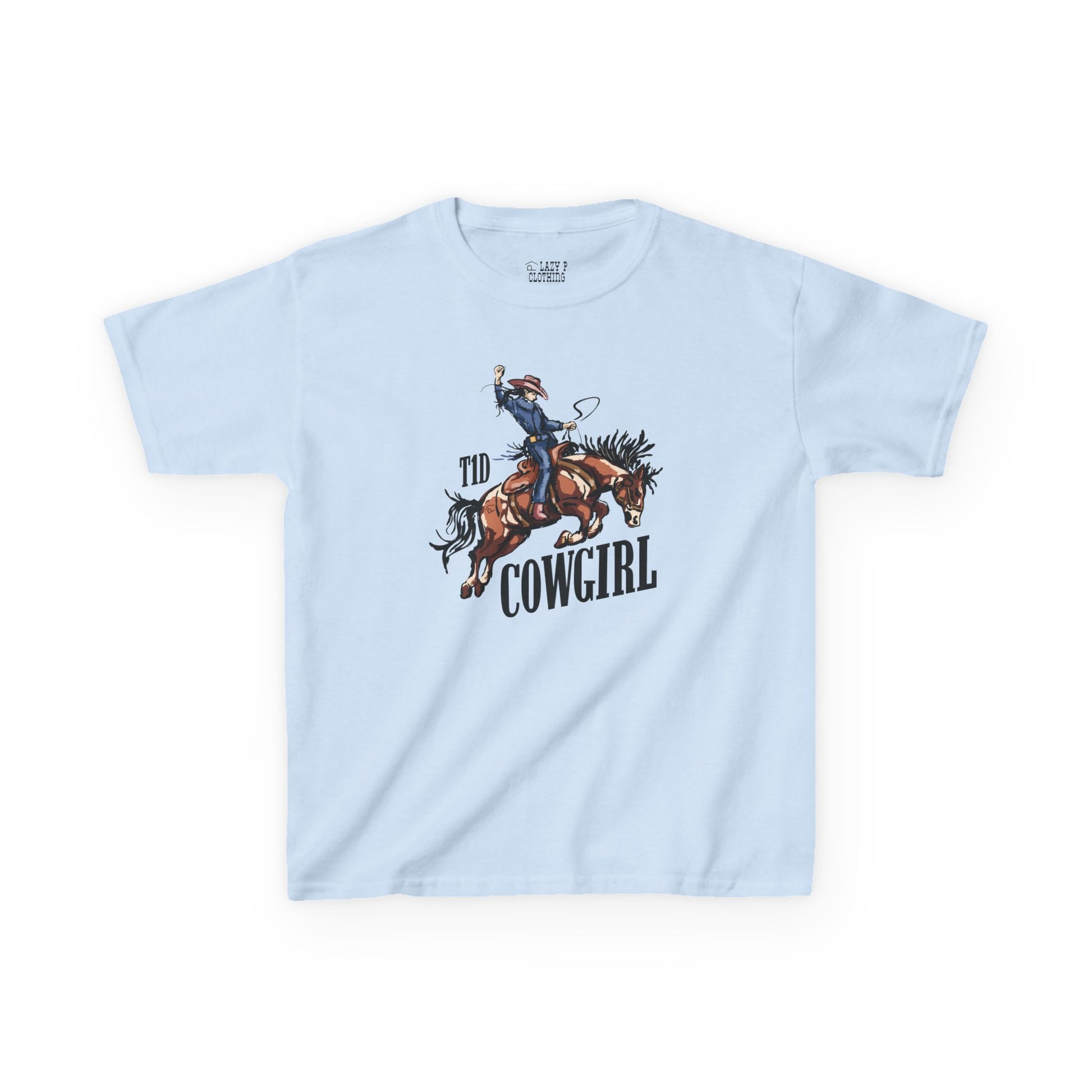 T1D Cowgirl Kids Diabetes Shirt featuring a cowgirl riding a horse for diabetes awareness and support squad.
