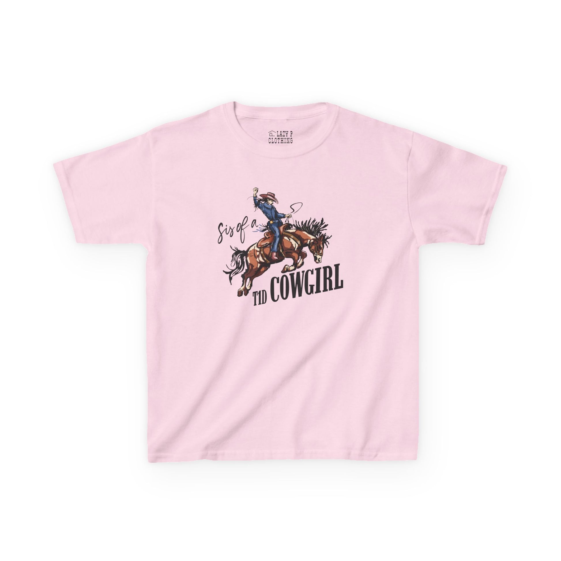 Sis of a T1D Cowgirl Diabetes Tee featuring a cowgirl riding a horse, perfect for T1D support.
