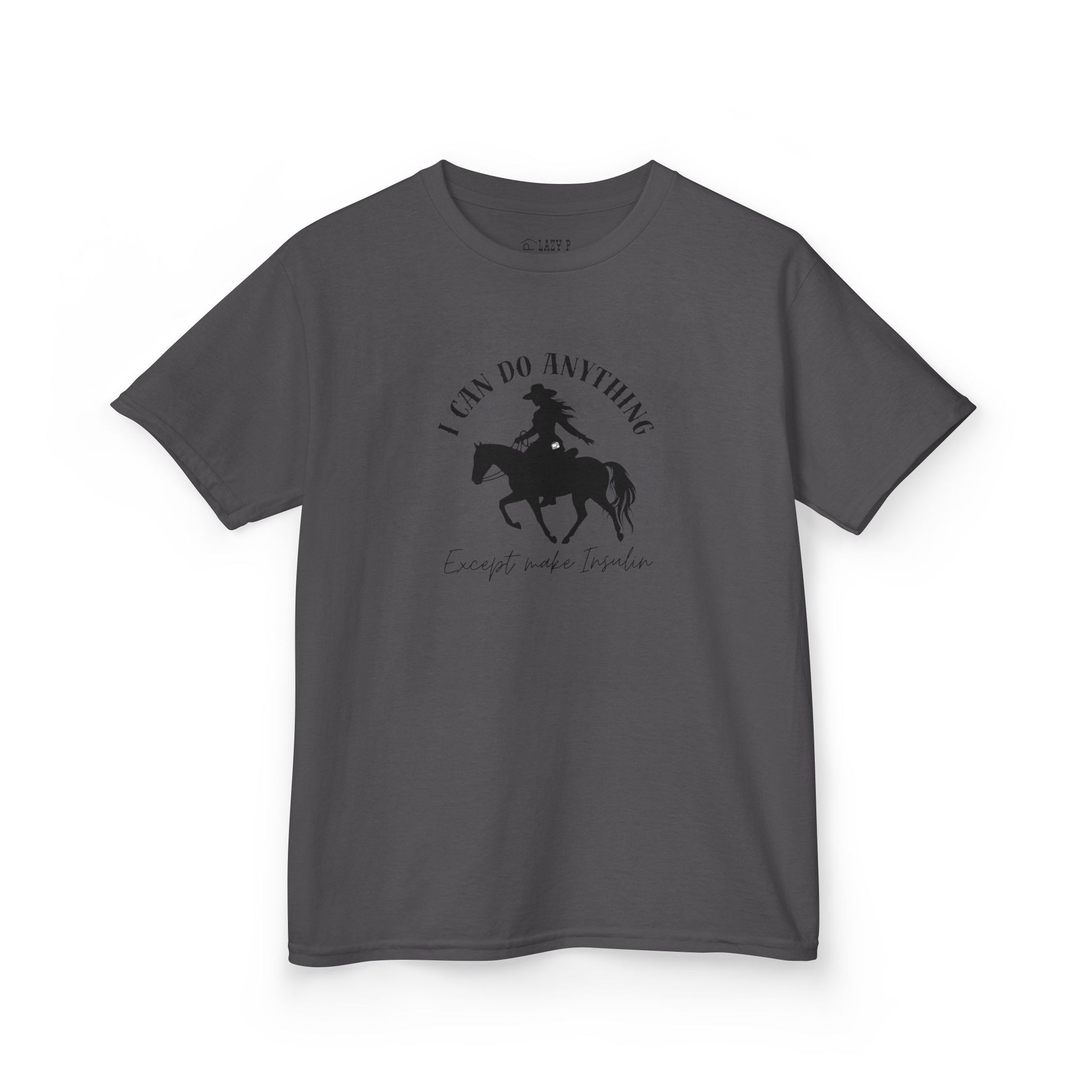 I Can Do Anything Girls Diabetes Shirt featuring a cowgirl on horseback, perfect for kids with diabetes.